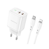 Incarcator Retea Borofone Iesire 2 X Usb - C, Putere Incarcare 35W, Quick Charge 3.0, Cablu Lightning Inclus, Alb BN9