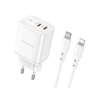 Incarcator Retea Borofone Iesire 2 X Usb - C, Putere Incarcare 35W, Quick Charge 3.0, Cablu Lightning Inclus, Alb BN9 foto