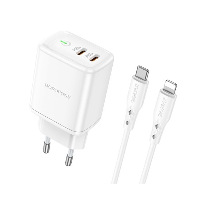 Incarcator Retea Borofone Iesire 2 X Usb - C, Putere Incarcare 35W, Quick Charge 3.0, Cablu Lightning Inclus, Alb BN9