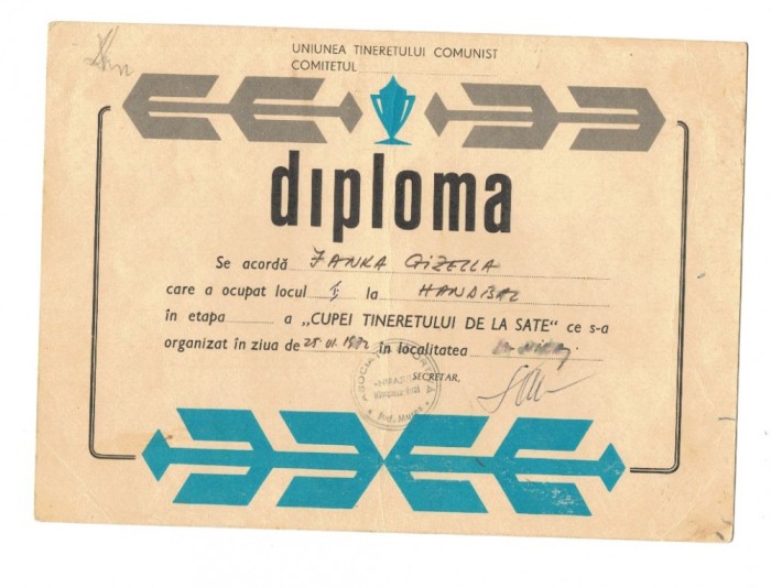 Diploma UTC, 1972, Cupa Tineretului la Sate, Miercurea Nirajului