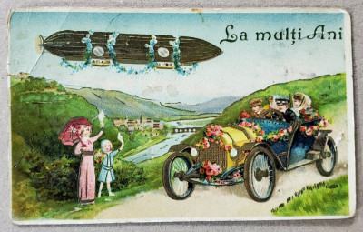 ALEGORIE CU ZEPPELIN SI AUTOMOBIL , FELICITARE DE ANUL NOU , CROMOLITOGRAFIE IN RELIEF , CARTE POSTALA , IANUARIE , 1914 foto