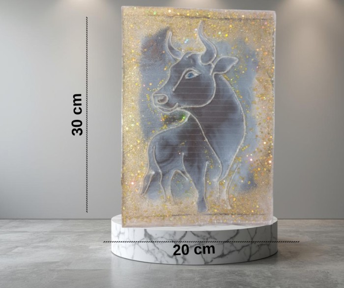Tablou Taur &ndash; rășină epoxidică pe lemn, fir de l&acirc;nă, handmade, 30x20 cm