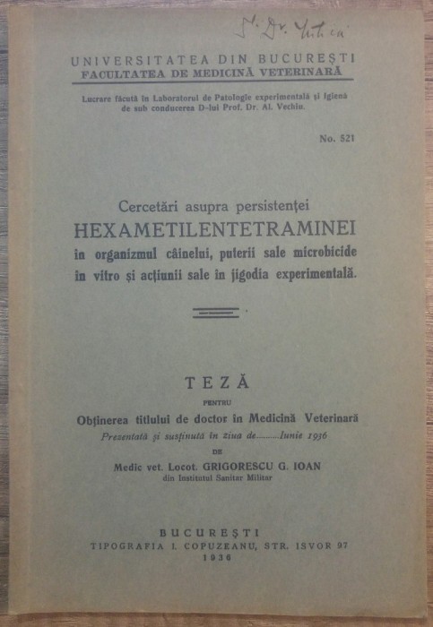 Cercetari asupra persistentei hexametilentetraminei in organismul cainelui/ 1936
