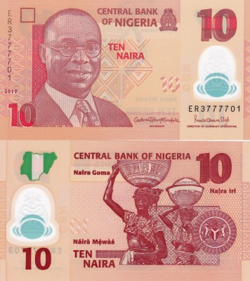 Nigeria 10 Naira 2019 P-39j Polimer UNC foto