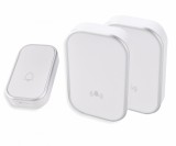 Sonerie fara fir 1 transmitator - comutator cu baterie 12V (1 buton) si 2 receptoare albe ( 2 sonerii) la priza , IP44, Omu System