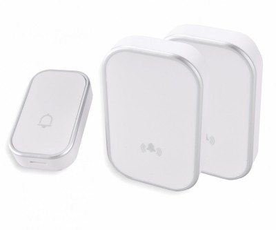 Sonerie fara fir 1 transmitator - comutator cu baterie 12V (1 buton) si 2 receptoare albe ( 2 sonerii) la priza , IP44 foto