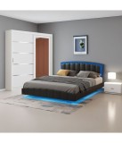 Dormitor Negru 160x200 cm cu LED, Dulap 150cm, Noptiere. Pat Tapitat Piele Ecologica, Somiera Lamele Lemn. Fara Saltea