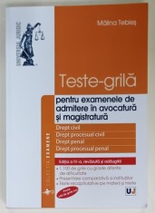 TESTE - GRILA PENTRU EXAMENELE DE ADMITERE IN AVOCATURA SI MAGISTRATURA , DREPT : CIVIL , PROCESUAL CIVIL , PENAL , PROCESUAL PENAL de MALINA TEBIES