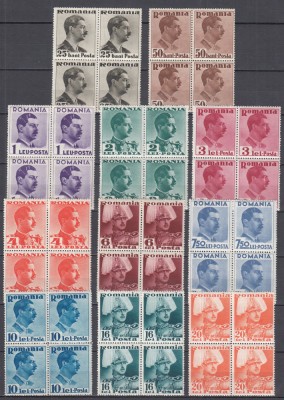 ROMANIA 1935 LP 112 REGELE CAROL II UZUALE BLOCURI DE 4 TIMBRE MNH foto