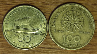 Grecia -set 2 monede superbe- 50 100 drahme drachmai 1992 / 2000 -personalitati! foto