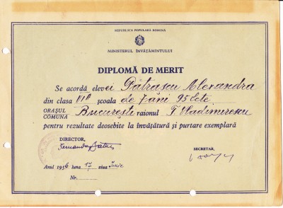 M3 C18 - 1956 - Dilpoma merit - clasa 6 - Scoala 95 fete raionul T Vladimirescu foto