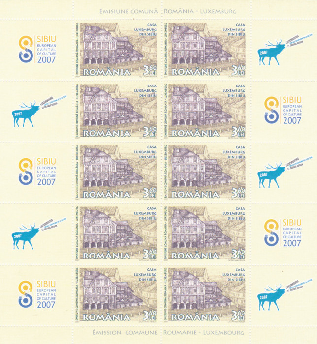 ROMANIA 2007 LP 1780b, EMISIUNE COMUNA ROMANIA-LUXEMBURG,COALA 10Tb + 10 VINIETE