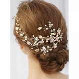 Accesoriu de Par Mireasa cu Flori si Strasuri - Aurie - 24 cm