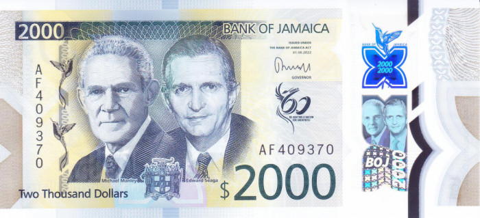 Bancnota Jamaica 2.000 Dolari 2022 - P100 UNC ( comemorativa, polimer )