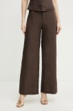 Bardot pantaloni din in ENYA femei, culoarea maro, lat, high waist, 58427PB3