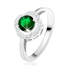 Inel de logodnă, zirconiu rotund, verde, linie ondulată de zirconii transparente, argint 925 - Marime inel: 51
