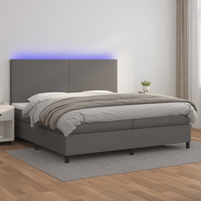 vidaXL Pat cu arcuri, saltea și LED, gri, 200x200 cm, piele ecologică 3135847 foto