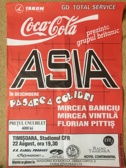 AFIS ASIA grup britanic UK formatia PASAREA COLIBRI mircea vintila florian pittis mircea baniciu concert rock pop folk Timisoara 1993