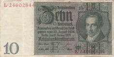 Bancnota Germania 10 Reichsmark 1929 - P180a VF ( vezi descriere )