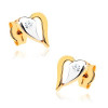 Cercei din aur 9K - contur de inimă strălucitoare &icirc;n două culori, piatră transparentă