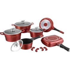 Set oale si tigai marmorate Royaly Line ES 1015M 15 piese rosu burgund, antiaderente, cu tigaie dubla