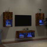 vidaXL Comode TV de perete cu lumini LED, 4 piese, stejar fumuriu