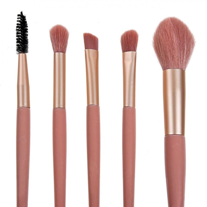 Set Pensule Machiaj, Model 5 Bucăți, M&acirc;nere Aur Roz, Husă Roz Auriu