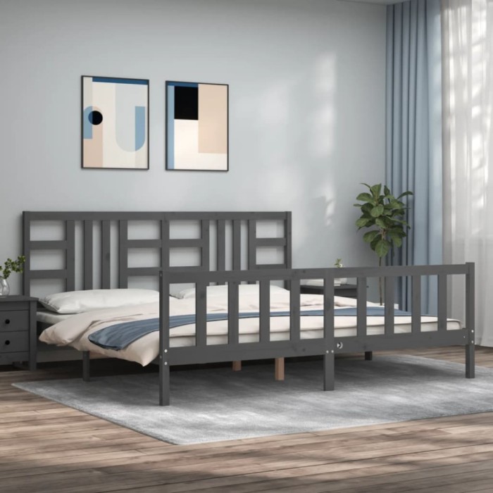 Gossi cadru pat cu tablie 200x200 cm, gri, lemn masiv