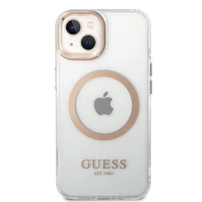 Husa pentru iPhone 15 Plus / iPhone 14 Plus - Guess Metal Outline Magsafe (GUHMP15MHTRMD) - Gold foto