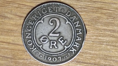 Danemarca - moneda de colectie bronz greu de gasit - 2 ore 1907 - stare f buna, serie rara ! foto
