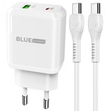Incarcator Retea cu Cablu USB-C BLUE Power BCN5, 20W, 3A, 1 x USB-A - 1 x USB-C, Alb