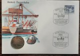 GERMANIA DEMOCRATA - FDC SI MONEDA 5 MARK 1988, 30 ANI PORTUL ROSTOCK, Europa