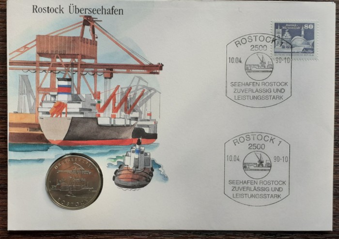 GERMANIA DEMOCRATA - FDC SI MONEDA 5 MARK 1988, 30 ANI PORTUL ROSTOCK