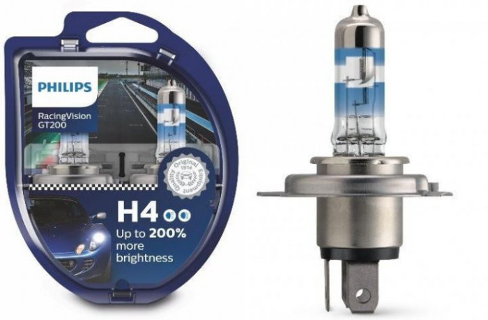 Bec H4 PHILIPS 99ZB400P, 12V; 60/55W; RacingVision GT200; cu pana 200% mai multa lumina; P43t; ECE, 2 buc.