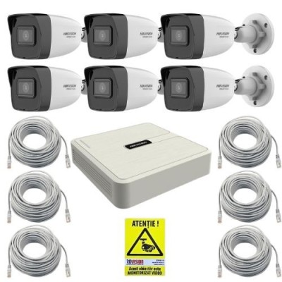 Sistem supraveghere IP HiWatch, 6 camere, 4MP, PoE, IR 30m, NVR 8 canale PoE, Accesorii montaj SafetyGuard Surveillance foto