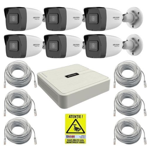 Sistem supraveghere IP HiWatch, 6 camere, 4MP, PoE, IR 30m, NVR 8 canale PoE, Accesorii montaj SafetyGuard Surveillance