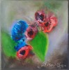 Pictură originală ulei pe p&acirc;nză &bdquo;Flori roșii și albastre pe frunză verde&rdquo; 20x20 cm, pe șasiu. Certificat cu semnătura și ștampila artistului, Impresionism