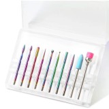 Cumpara ieftin Set freze unghii multicolor 10 piese, capete diamantate pentru pila electrica, manichiura, pedichiura, cuticule, gel si acryl, cu cutie depozitare