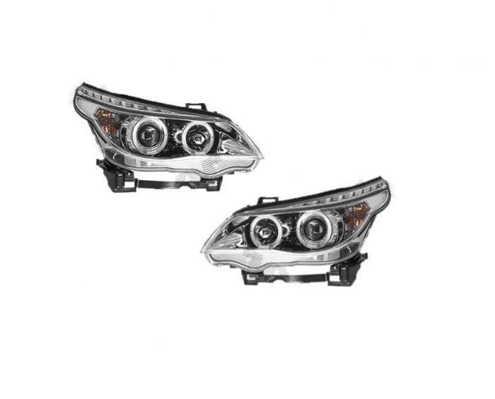 Set faruri tuning BMW Seria 5 (E60/E61), 06.2003-03.2007, Taiwan, partea stanga+dreapta, cu lumina parcare fibra optica;tip bec H1+H1+LED; electric;