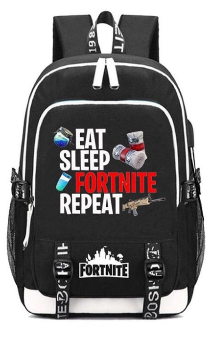 Ghiozdan Fortnite negru cu alb, imprimeu FORTNITE multicolor model 2 Ghiozdan Fortnite negru cu alb, imprimeu FORTNITE multicolor model 2