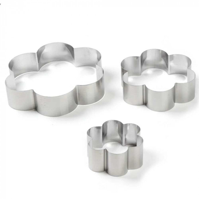 Set 3 inele metalice in forma de floare, pentru blat de tort, prajituri, otel inoxidabil, argintiu