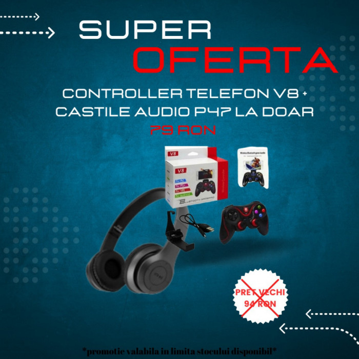 Controller V8 Bluetooth pentru telefon + Casti audio wireless P47 negru