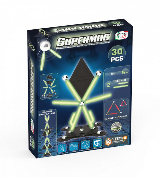 Set de constructie magnetic Supermag Projects Glow, 30 piese