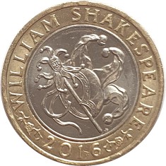 RAR !!! Marea Britanie moneda comemorativa 2 pounds 2016 - Shakespeare - UNC