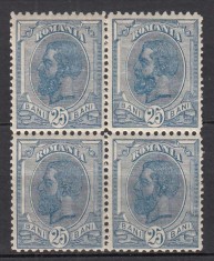 ROMANIA 1900/1906 LP 54 l REGELE CAROL I SPIC DE GRAU FARA FILIGRAN VALOAREA 25 BANI ALBASTRU GUMA ORIGINALA BLOC DE 4 TIMBRE STARE MNH/SARNIERA