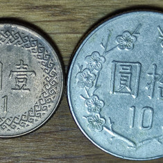 Taiwan -set de colectie exotic- 1 + 10 yuan 1986 1996 - stare ff buna, lucioase!