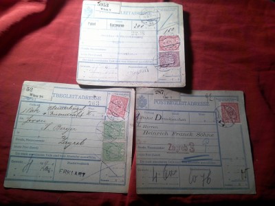 3 Avize pt Colete postale 1919 Timbre perforate ,Vignete Viena si Linz , circulate in Kroatia Zagreb foto