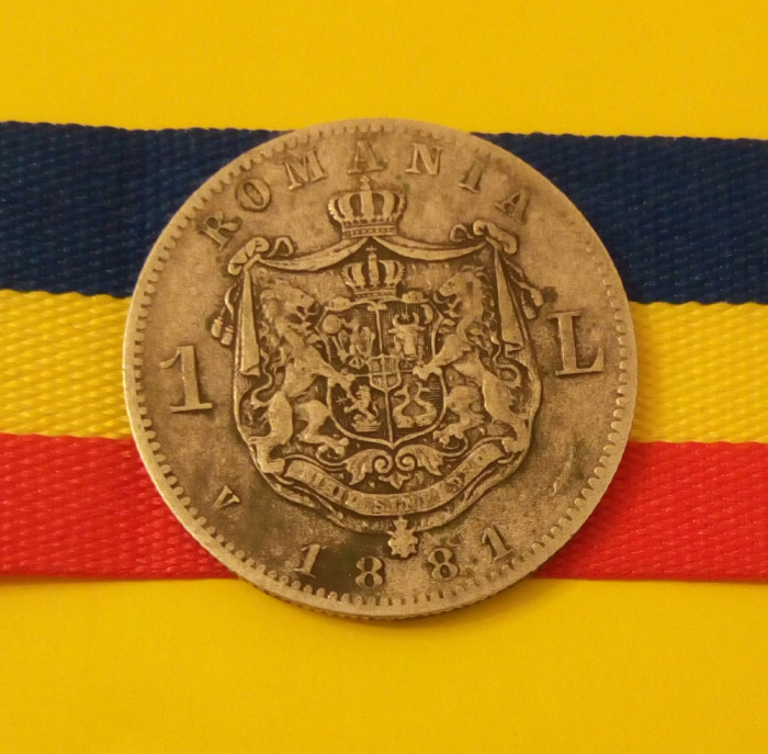 SV * Romania 1 LEU 1881 * ARGINT .835 * Regele Carol I * frumoasă (!) , necurata