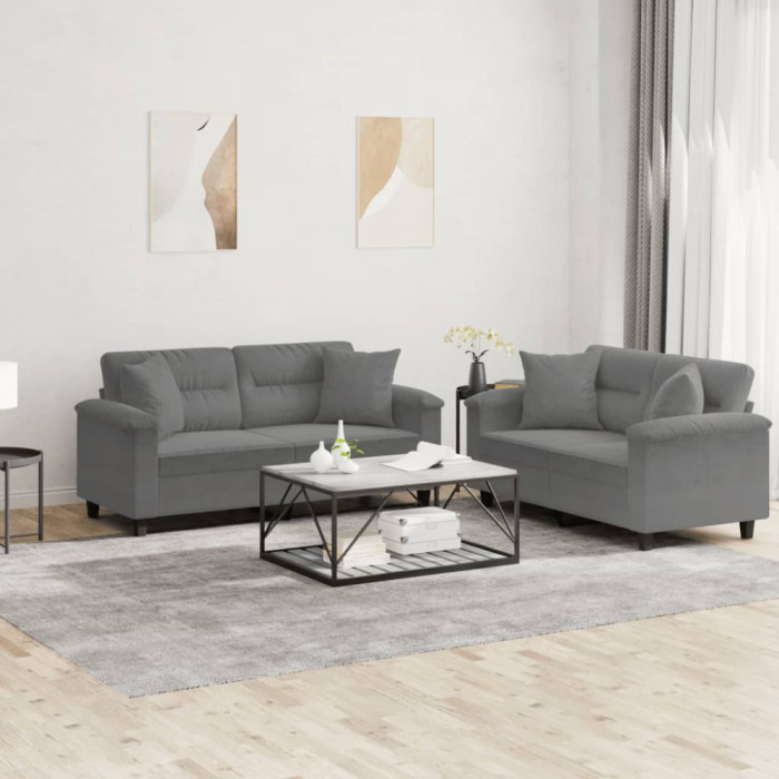 vidaXL Set de canapele cu perne, 2 piese, gri &icirc;nchis, microfibră 3202328