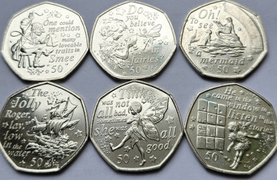 Set complet 6 monede 50 pence 2020 Isle of Man, Peter Pan Series II, unc-Aunc foto